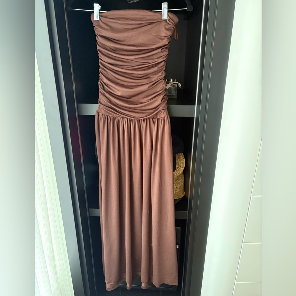 Brown Ruched One Shoulder Gown for Wedding Guest